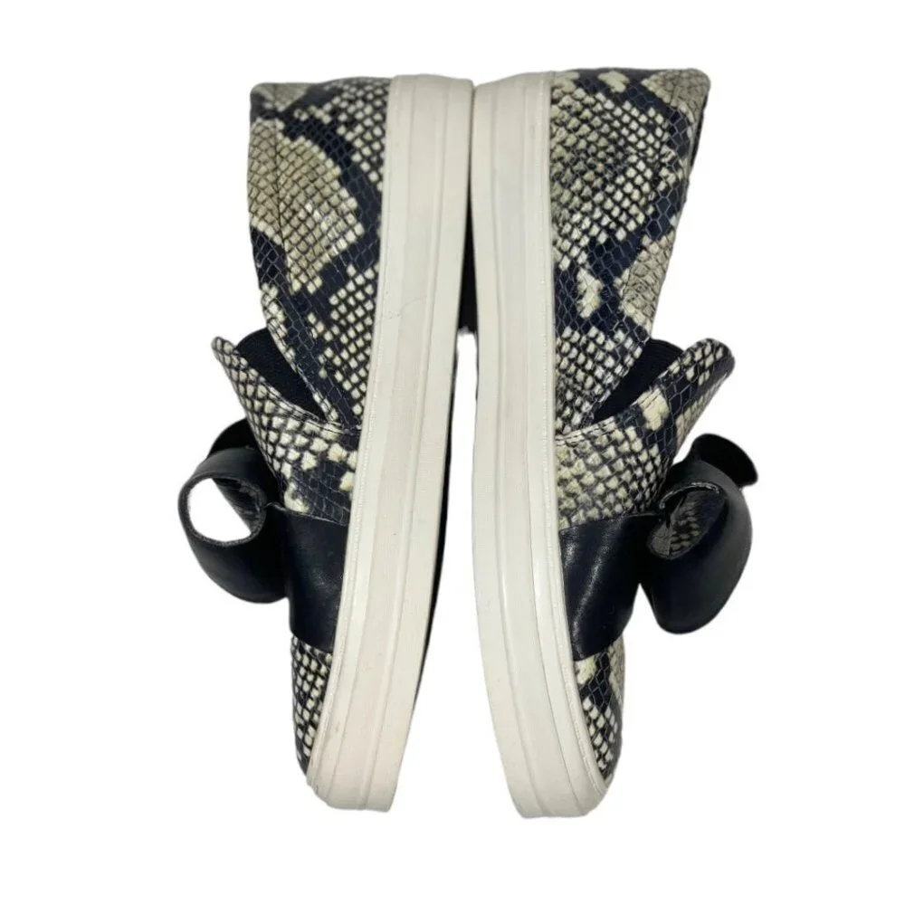 NINE WEST Women's Leather Faux Snakeskin Slip Ons Size 8.5 Med Sneakers Bows EUC